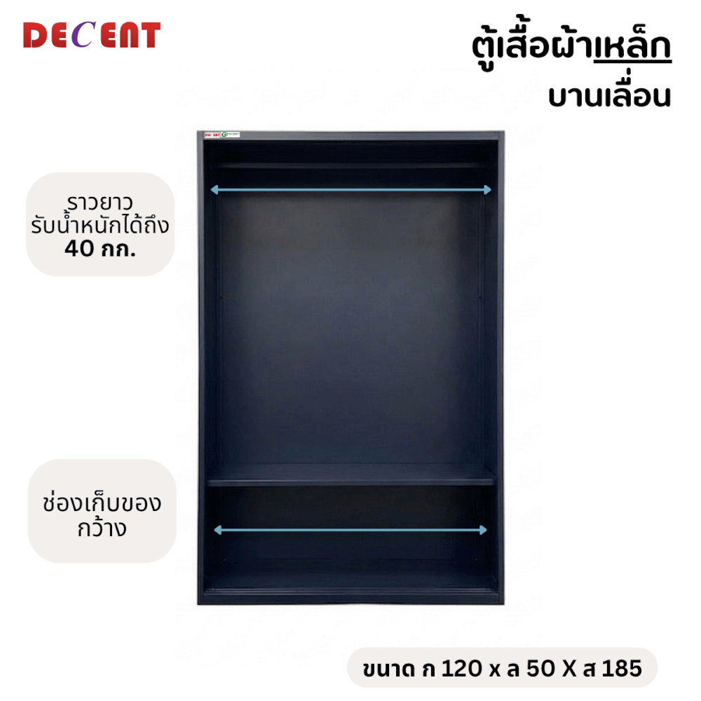 ตู้เสื้อผ้าเหล็ก บานเลื่อน 2 ประตู DECENT ลาย นาวี 120ซม.